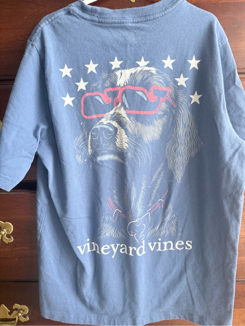 Vineyard Vines Blue Dog Graphic Tee with White Stars and Red Sunglasses
